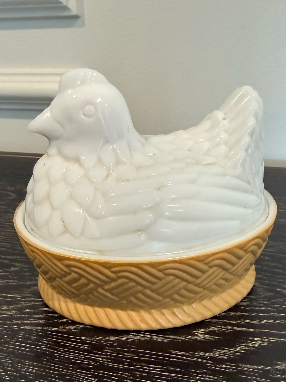 Vintage Avon Milk Glass Hen on Nest Covered Dish White Hen Amber Basket Base
